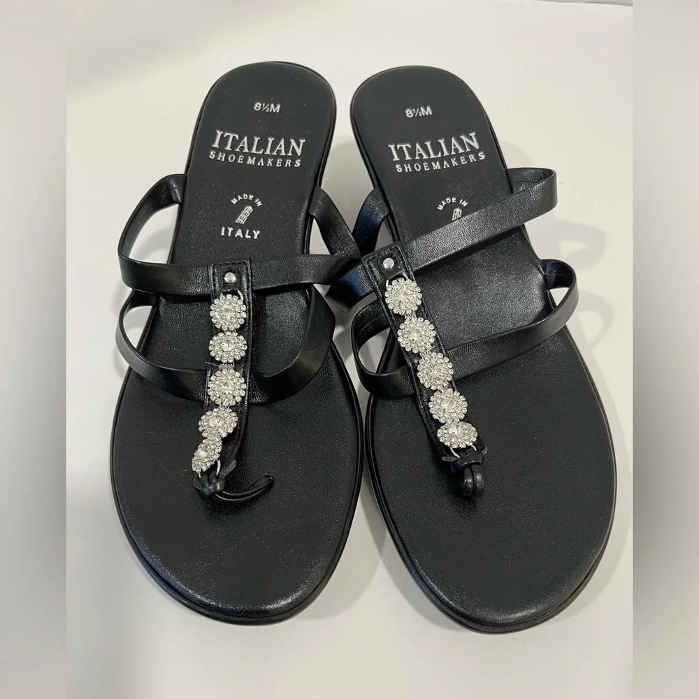 NEWItalian Shoemakers Women Black Heeled Leather Sandals 8.5M Rhinestone Accent